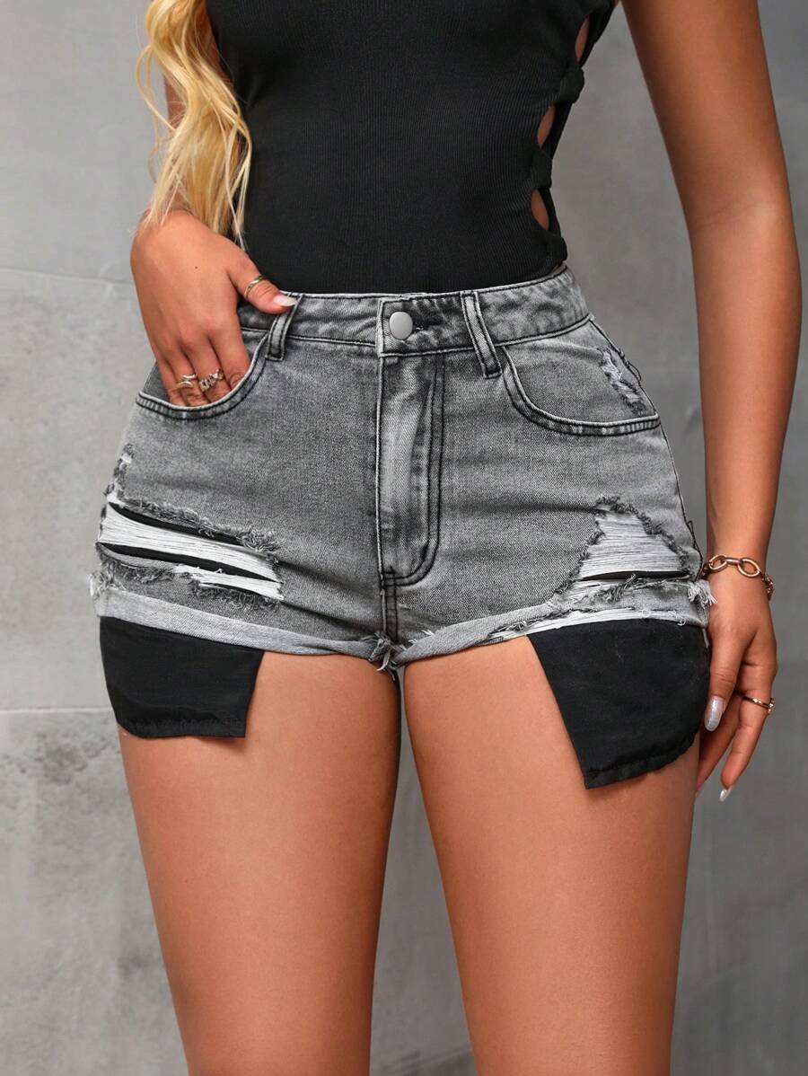 SHEIN SXY Quý cô Đau khổ Denim Ngắn Quần short - Màu Xám nhạt - Xem 1