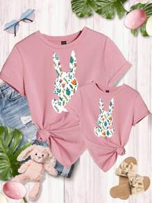 Áo thun ngắn tay họa tiết thỏ giản dị cho cô gái trẻ, hoàn hảo cho mùa hè - Màu Hồng  San hô - Xem 1