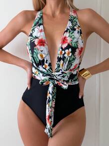 SHEIN Swim Women's Vacation Style Deep V-Neck Floral Pattern Halter One-Piece Swimsuit Summer - Multicolor - View 1