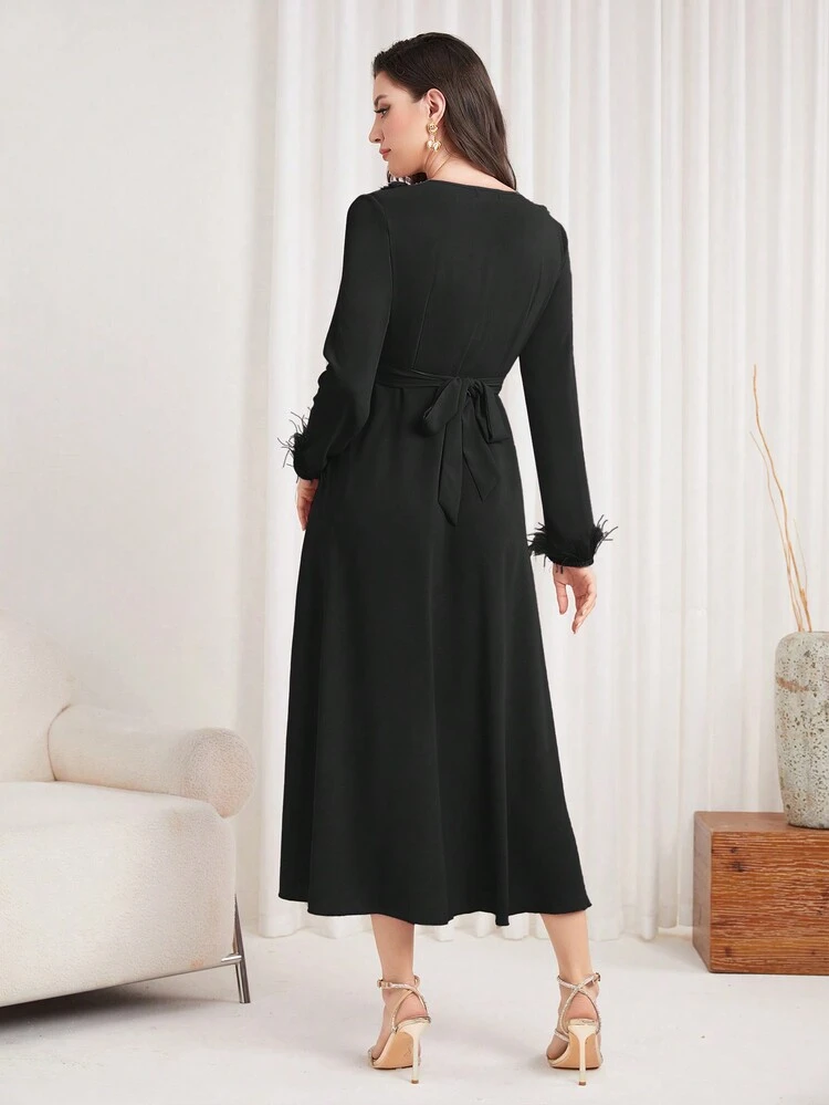 Patchwork Lace Trims & Ribbon Detail Square Neckline Belted Dress