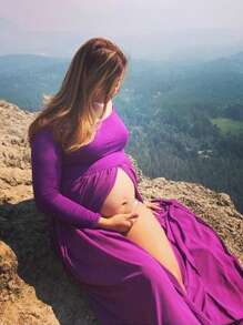Maternity Off Shoulder Chiffon Long Sleeves Patchwork Split Front Maxi Photography Dress For Photoshoot - Màu tím - Xem 4