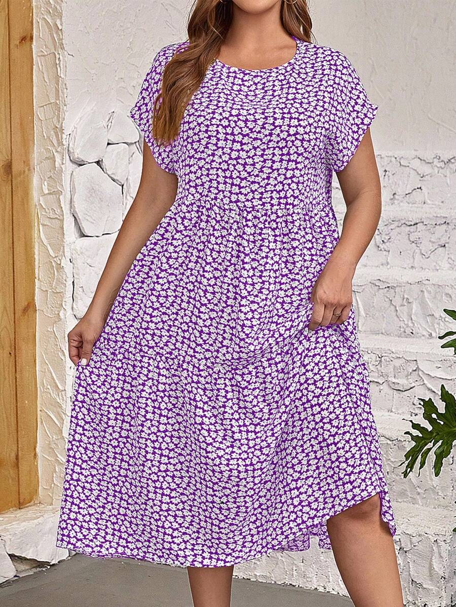 EMERY ROSE Đầm hoa cổ tròn đơn giản cỡ lớn mùa hè - Màu tím - Xem 1