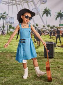 SHEIN Young Girl Music Festival Casual Academy Style Pleated Splicing Strap Dress Suitable For Daily, Parties, Beach Vacations, Graduation Season, Summer