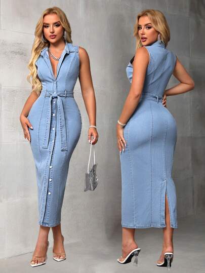 SHEIN SXY Button-Front Sleeveless Bodycon Denim Dress