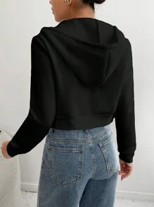 SHEIN PETITE 女士拉链连帽短款卫衣、毕业长袖上衣、返校服装、毕业典礼、女士教师服装、秋冬返校 - 黑色 - 查看 2