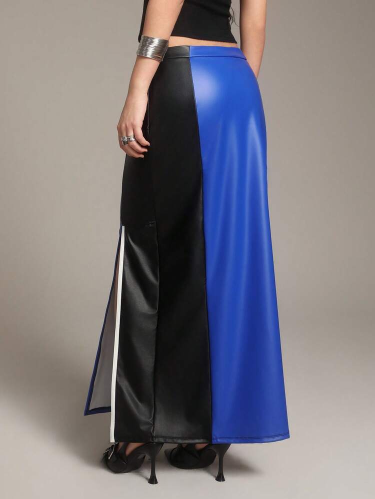 Ladies' Color Block High Waist Slit Design Skirt
