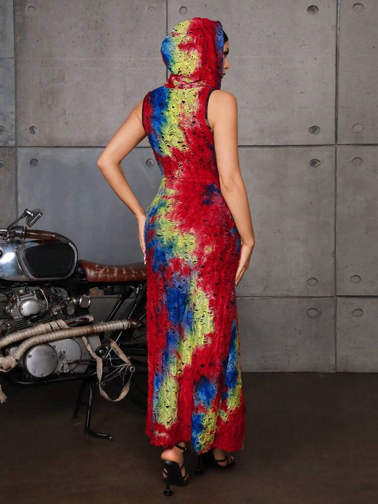 Music Festival Concert Outfits Women's Tie Dye Sleeveless Dress With V Neckline And Double Side Slits Hooded