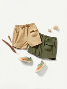 Cozy Pixies Conjunto De 2 Piezas De Shorts Deportivos Informales Para Niños Con Cintura Elástica Decorativa Tejida Con Bolsillos Y Cinturón. - Verde militar - Ver 1