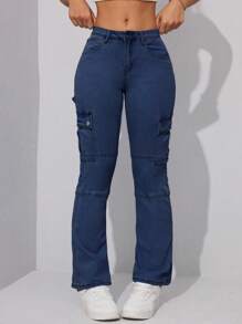 女式修身工裝牛仔褲 - 藍色 - 查看 3