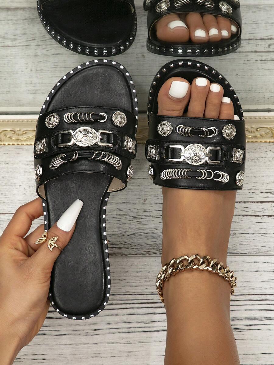 黑色个性化朋克摇滚风金属扣平底凉鞋，适合女士情人节、春夏穿搭 - 黑色 - 查看 1