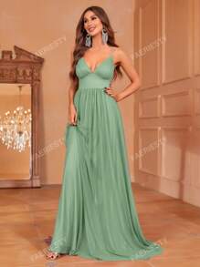 Faeriesty Solid Plunging Neck Sleeveless Cami Dress Elegant Bridesmaid Dress