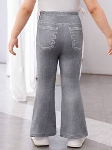 SHEIN Quần ống loe co giãn dệt kim denim cho bé gái - Xám - Xem 2