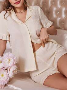 Embroidery Pearl Button Short Sleeves Top And Shorts Pajama Set - Apricot - View 5