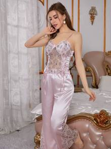 SilkySpell Two-Piece Lace Trimmed Color Blocking Cami Top And Shorts Pajama Set For Women With Drawstring Design For Side Lines - Pink - View 6