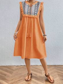 SHEIN LUNE Đầm không tay in họa tiết hình học với viền xếp nếp và trang trí. - Màu Cam san hô - Xem 4