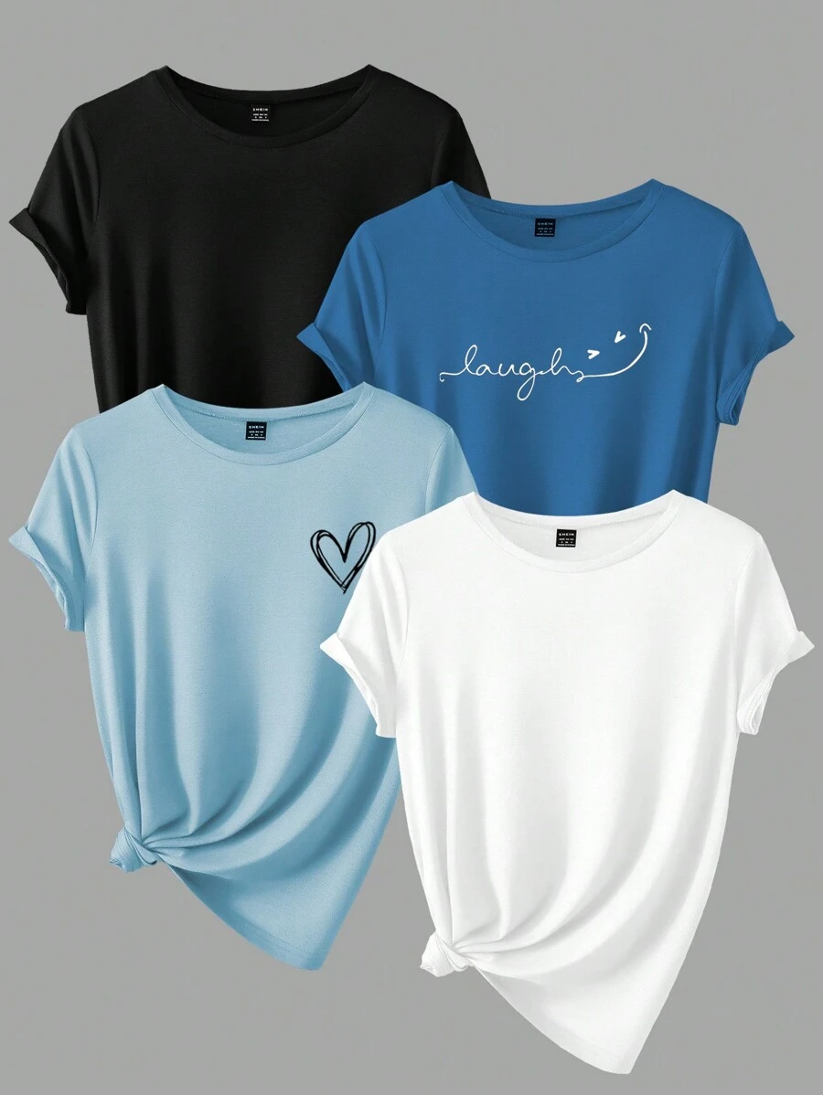 INAWLY 女士卡通字母印花短袖 T 恤 4 件套 图案 T 恤 女式上衣