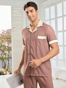 男士格纹短袖长裤家居服套装 - 棕色 - 查看 4