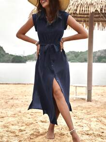 Breezaya Side Slit Sleeveless Dress For Summer Beach - Navy Blue - View 4