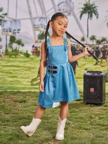 SHEIN Young Girl Music Festival Casual Academy Style Pleated Splicing Strap Dress Suitable For Daily, Parties, Beach Vacations, Graduation Season, Summer