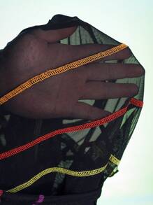 ISELACOS 设计师女士修身撞色透明网眼上衣，秋季，适合秋冬季、度假、外出、节日 - 黑色 - 查看 6