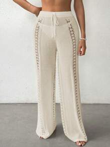 SHEIN Swim Summer Beach Solid Color Hollow Out Knitted Flared Cover Up Pants