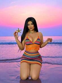 SHEIN VaVaLuxe 女士幾何印花拼接流蘇邊領口領帶背心 - 彩色 - 查看 6