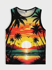 Manfinity RSRT Plus Size Men's Summer Tropical Print Trim Casual Tank Top