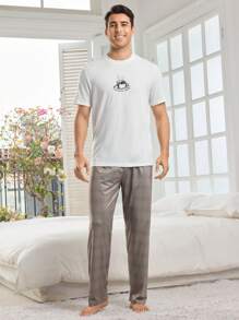 Men's Round Neck Short Sleeve Homewear Top With Coffee Cup Pattern - White - View 5