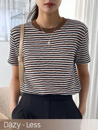 Dazy-Less Women's Contrast Checkered Short Sleeve T-Shirt Summer Business Casual Woman Work Clothes