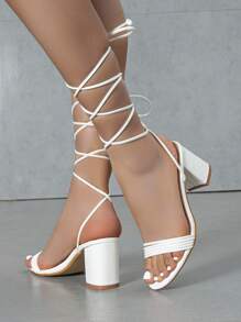 女士夏季涼鞋,時尚腳踝帶開口中跟拖鞋,多功能平底、粗跟、高跟鞋款 - 白色 - 查看 1