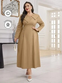 Modelyn Vestido de unicolor de talla grande con cuello asimétrico y bajo de campana - Albaricoque - Ver 1