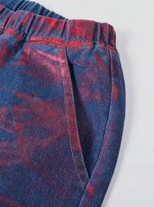 SHEIN 青少年男孩藍色時尚金屬洗水鬆身直筒牛仔短褲，適用於夏季穿搭