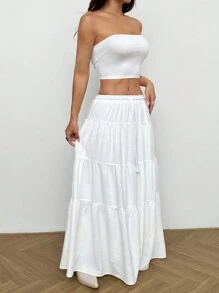 Conjunto de top de bandeau tejido y falda larga ajustada para mujer, con falda blanca de bandeau con volantes, fruncida y con capas, para uso casual diario en primavera/verano