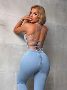 SHEIN SXY Overol De Mezclilla Ajustado Con Correas Y Detalles De Huecos