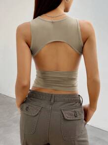 SHEIN EZwear Mùa hè Màu xám Y2K Không lưng Quần skinny Áo ba lỗ Áo Áo ba lỗ - Màu Khaki - Xem 2