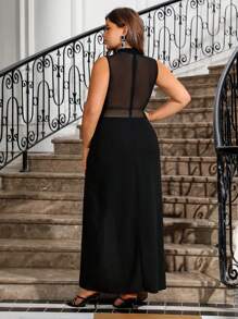 Celure Plus Size Mesh Contrast Zijsplit Mouwloze Jurk