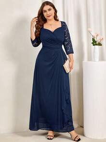 MIUSOL 加大花朵蕾丝心形领褶皱裹身下摆正式派对长裙婚礼宾客礼服晚礼服