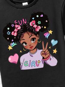 年輕女孩休閒簡約短袖圓領上衣和長褲2件套組合，適用於夏季 - 黑色 - 查看 3