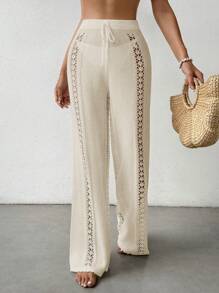 SHEIN Swim Summer Beach Solid Color Hollow Out Knitted Flared Cover Up Pants