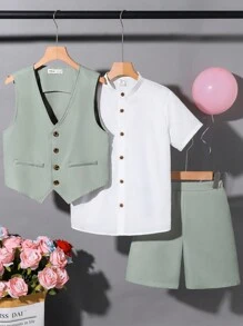 SHEIN 3 Piezas/ Conjunto Camisa De Manga Corta Con Cuello De Solapa, Chaleco Y Pantalones Cortos Sólidos De Niño Preadolescente Con Estilo Caballero