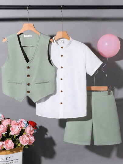 SHEIN 3 Piezas/ Conjunto Camisa De Manga Corta Con Cuello De Solapa, Chaleco Y Pantalones Cortos Sólidos De Niño Preadolescente Con Estilo Caballero