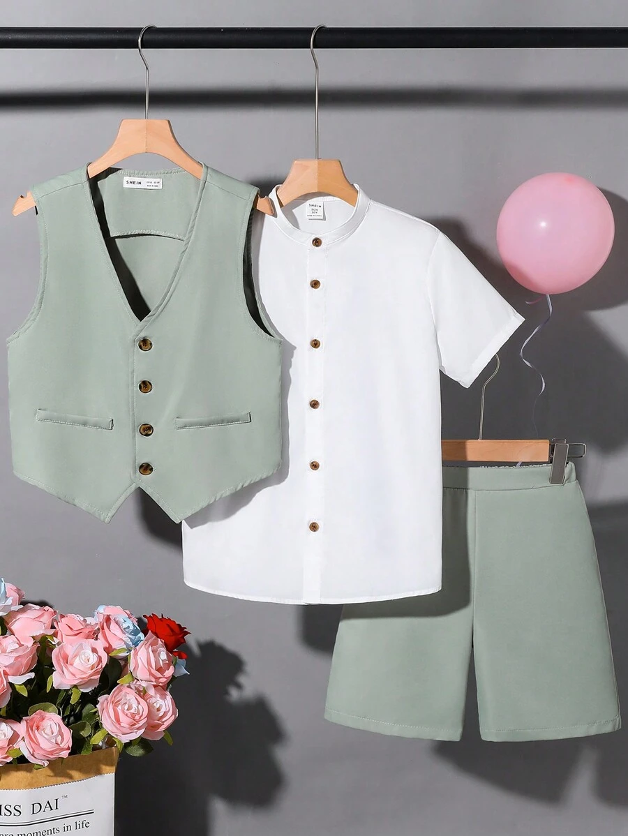 SHEIN 3 Piezas/ Conjunto Camisa De Manga Corta Con Cuello De Solapa, Chaleco Y Pantalones Cortos Sólidos De Niño Preadolescente Con Estilo Caballero
