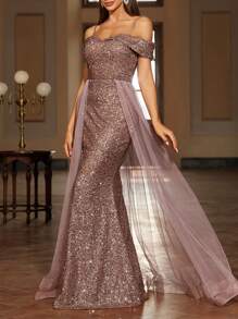 SHEIN Belle Glitter Mesh Cold Shoulder Neckline & Mermaid Hem Dress For Holiday Party Clothes Maxi Sequin Women Outfit - Dusty Pink - View 1