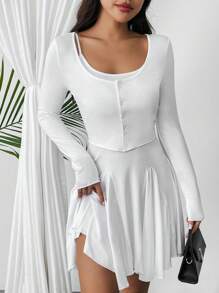 SHEIN Privé Conjunto de vestido elegante con cuello redondo y sin mangas para citas y días festivos, con detalles de pliegues y chaqueta corta de manga larga (2 piezas) - Blanco - Ver 6