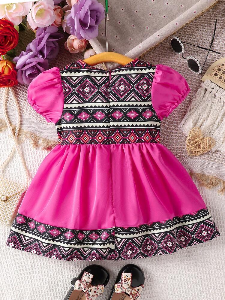 Baby Girl Fashionable Vintage Geometric Print Patchwork Bubble Sleeve Dress For Summer