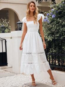 Simplee 女士夏季甜美蝴蝶袖刺繡腰帶a字裙 - 白色 - 查看 6