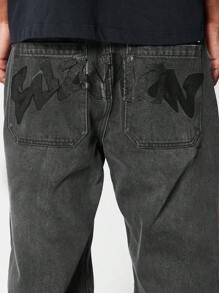 SUMWON Loose Fit Jean With Front And Back Graphic Print - Black - View 4