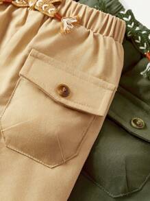 Cozy Pixies Conjunto De 2 Piezas De Shorts Deportivos Informales Para Niños Con Cintura Elástica Decorativa Tejida Con Bolsillos Y Cinturón. - Verde militar - Ver 4