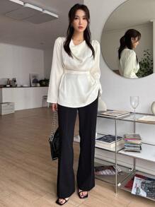 DAZY Áo cánh cổ xếp ly màu trơn dành cho nữ, phong cách công sở thường ngày, tay dài - Màu be - Xem 4