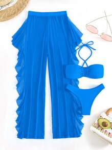 SHEIN Swim Summer Beach Women's Solid Color Cross Halter Strap Separated Bikini Set, Steel-Free, 3pcs/Set